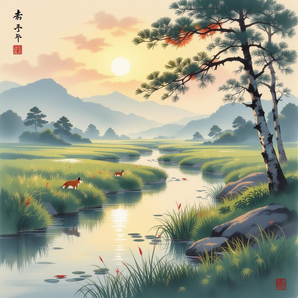 Plains Inu Spirit in Traditional Japanese Landscape