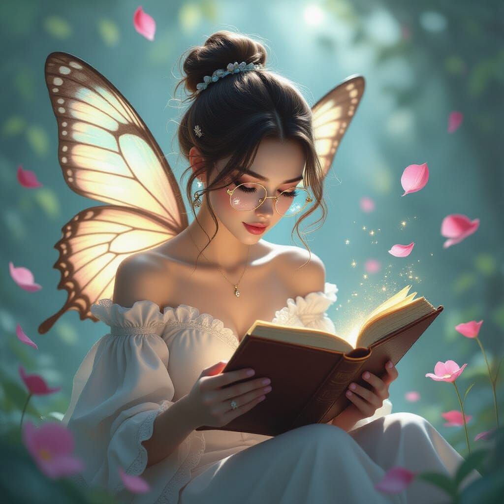 Butterfly Reader in Ethereal, Glowing Light