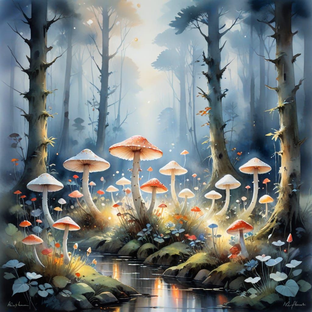Ethereal Forest Landscape in Whimsical Watercolour Style