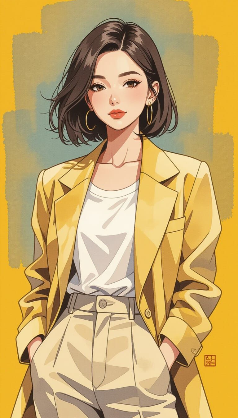 Stylish Woman in Watercolor Style on Mustard Yellow