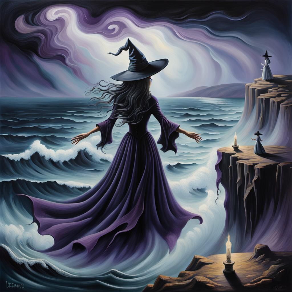 Surreal Witch at Cliff Edge: Dali-esque Oil Painting