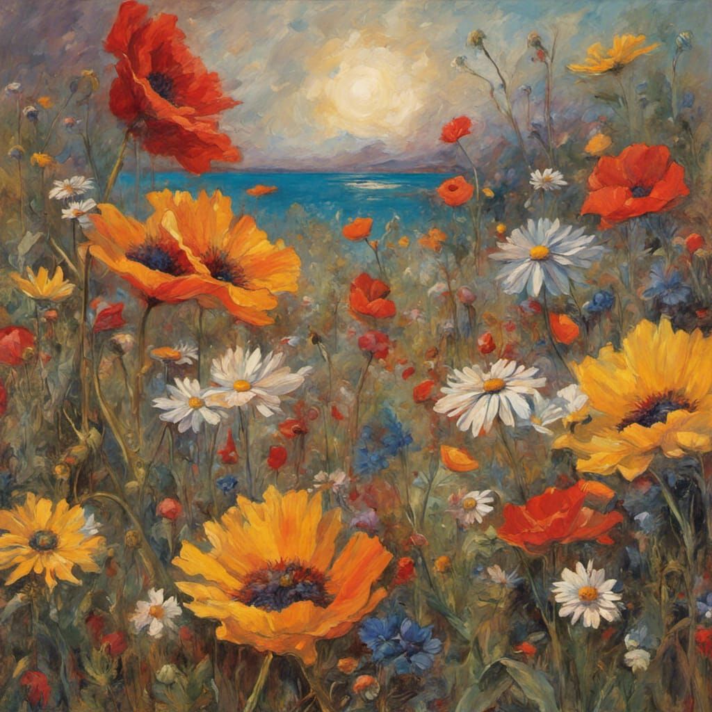 Colorful Wildflower Field Painting in Maximalist Style