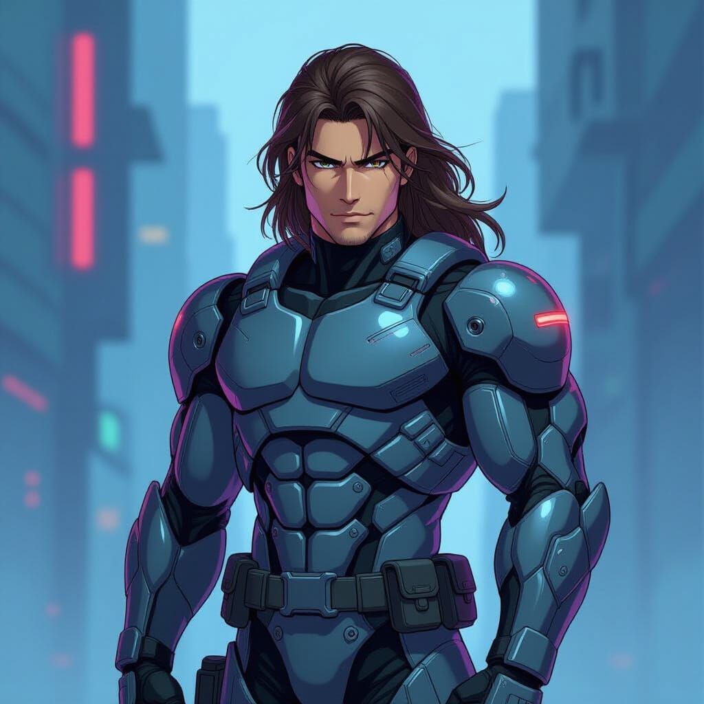 Anime Soldier in High-Tech Armor with Neon Lighting