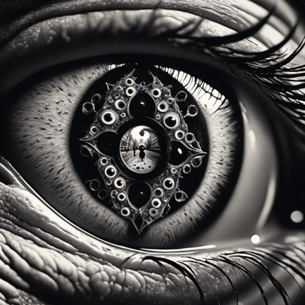 Surreal Eyeball Peering Through Eyes with Pistol