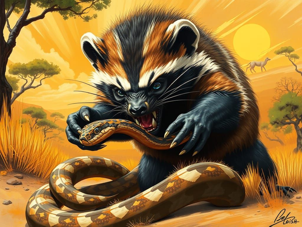A honey badger attacking a snake.