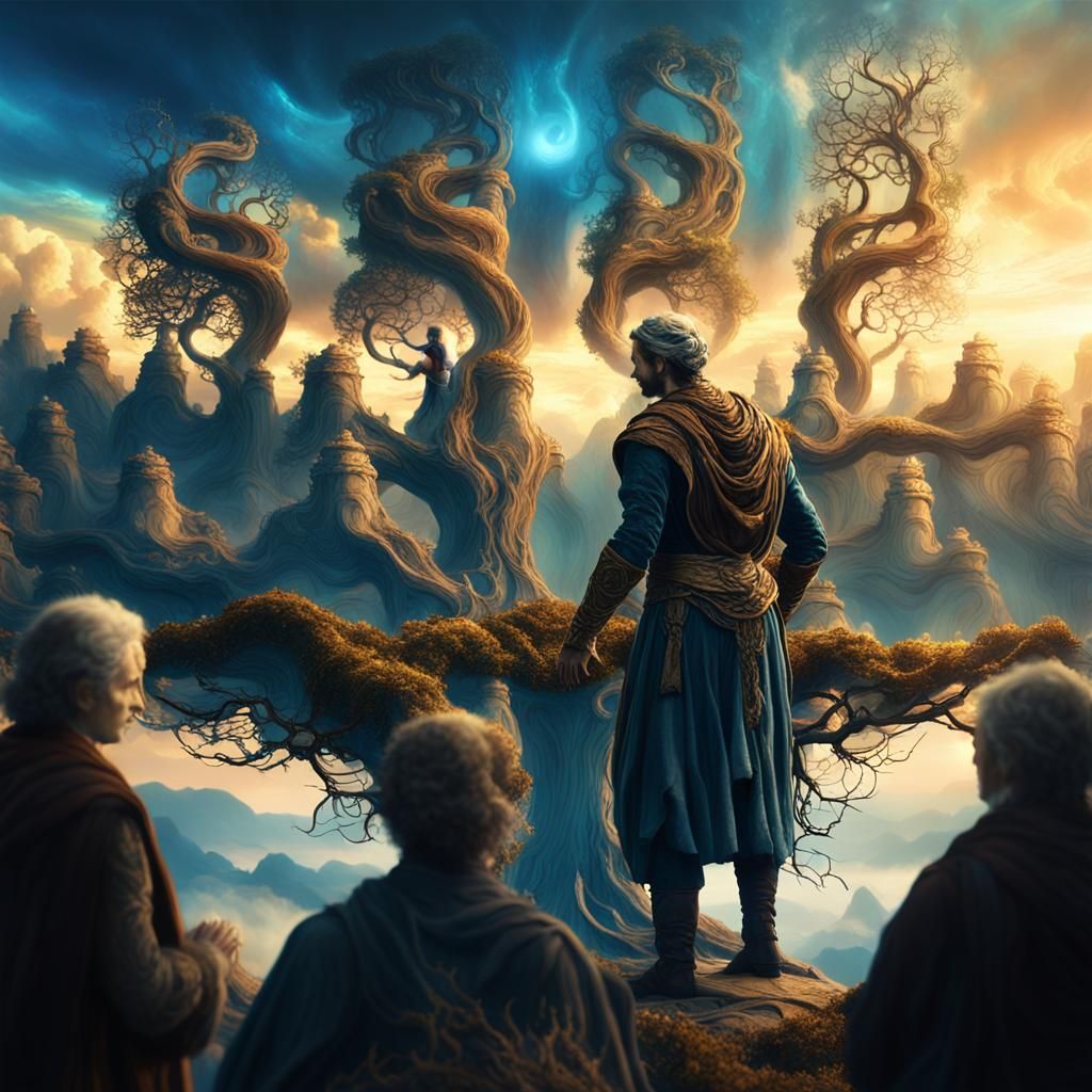 Regal Figure on Ancient Tree with Vortex Clouds