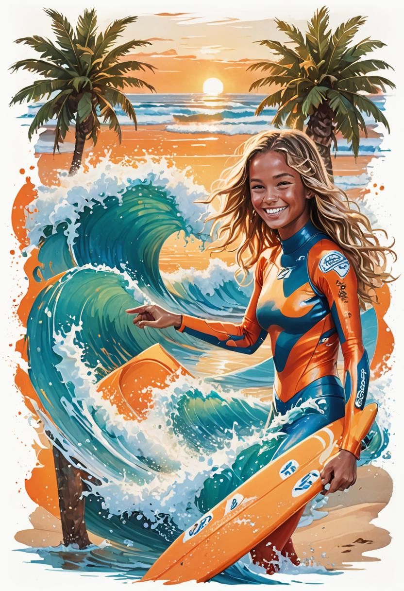 Surfer Girl on Sunny Beach in Photorealistic Style