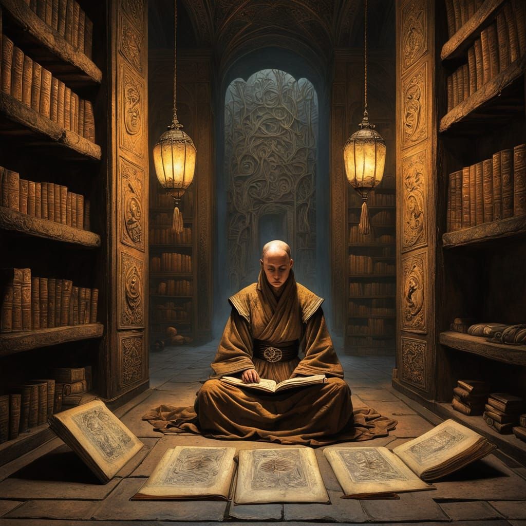 Serene Female Monk Studies Ancient Manuscript in Mystical Li...