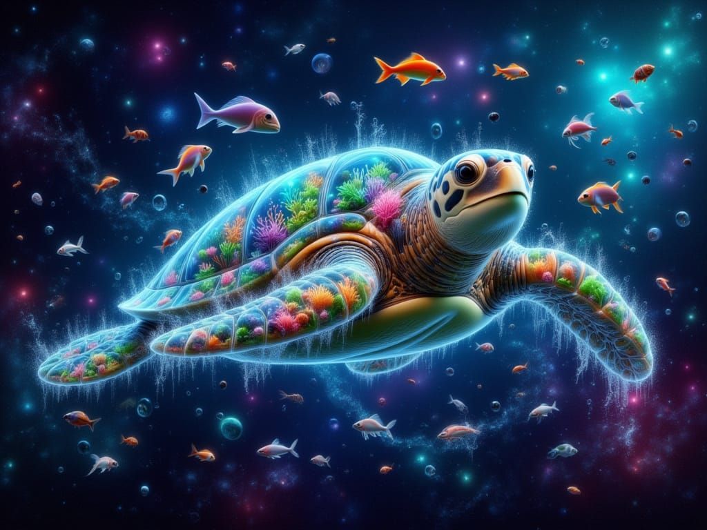 Mystical Sea Turtle in Cosmic Oceanic Scene