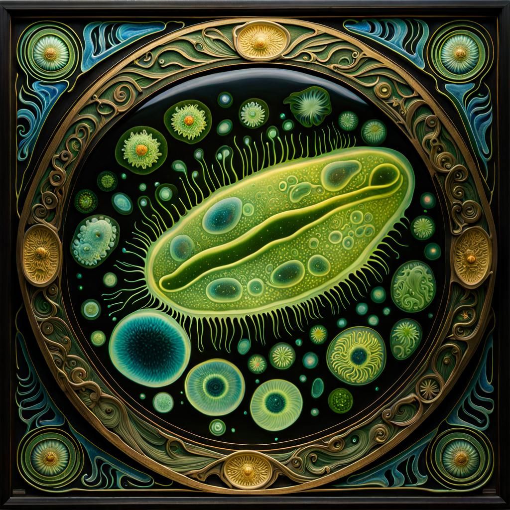 Bioluminescent Amoeba Division Under Microscope in Art Nouve...