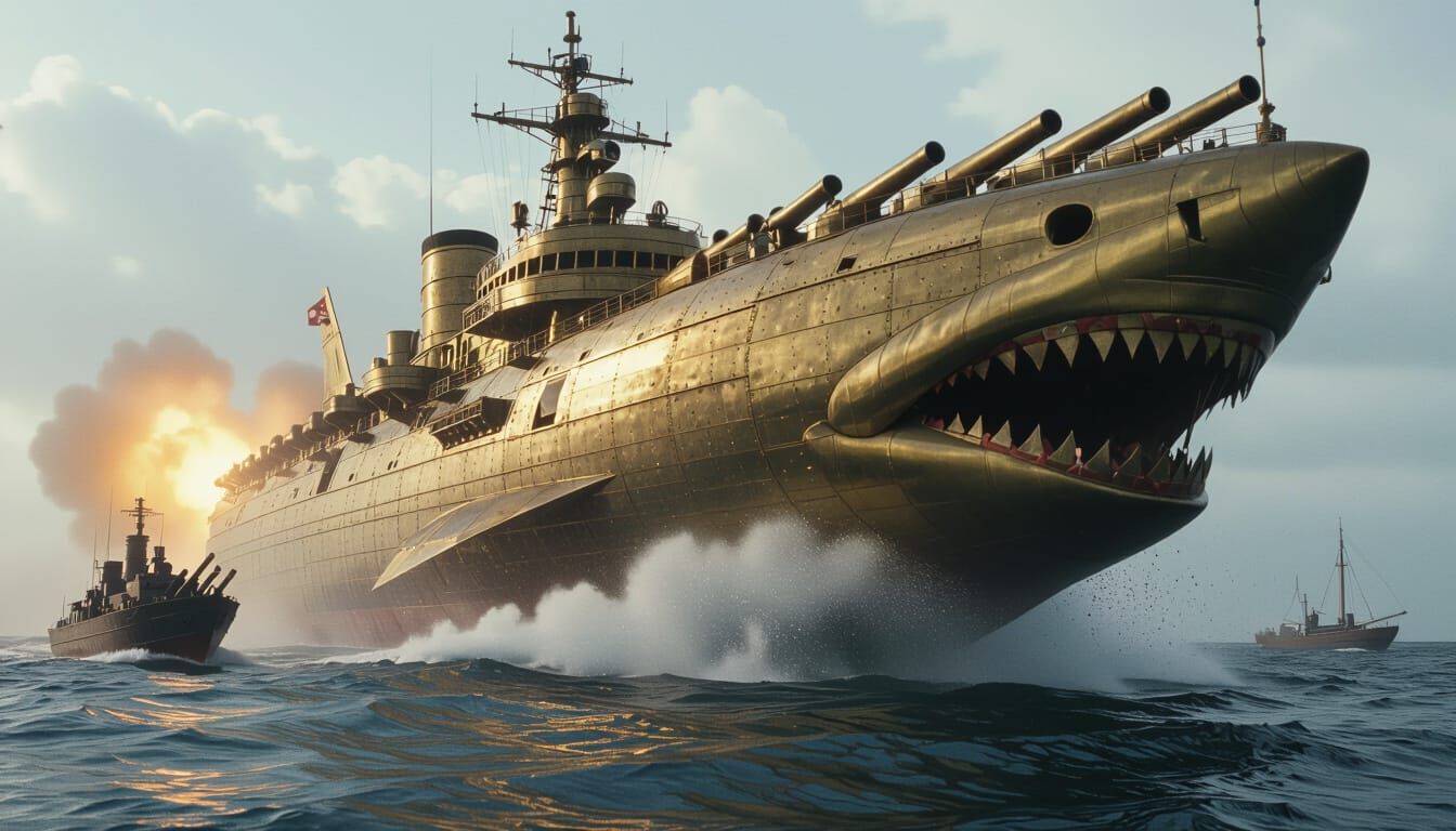 Steampunk Shark Battleship Engulfs Hawk Ship in Fiery Explos...