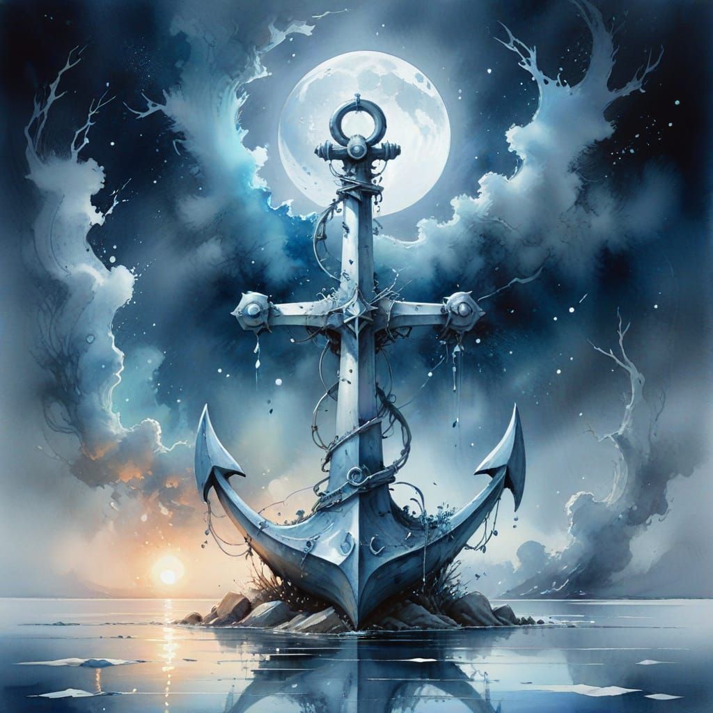 Ethereal Watercolor Anchor in Moonlit Ocean