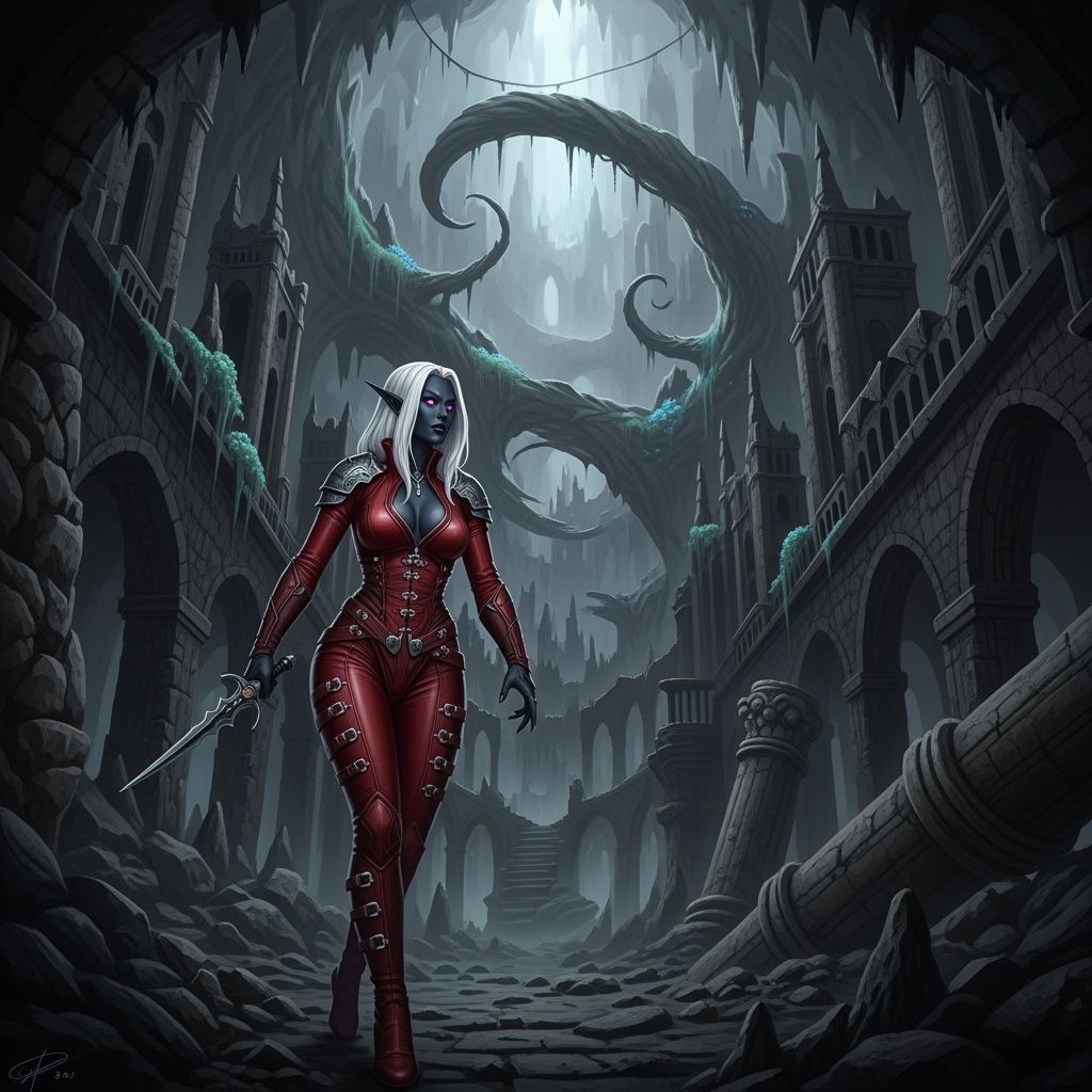 Drow Elf Explorer in Forgotten Subterranean City