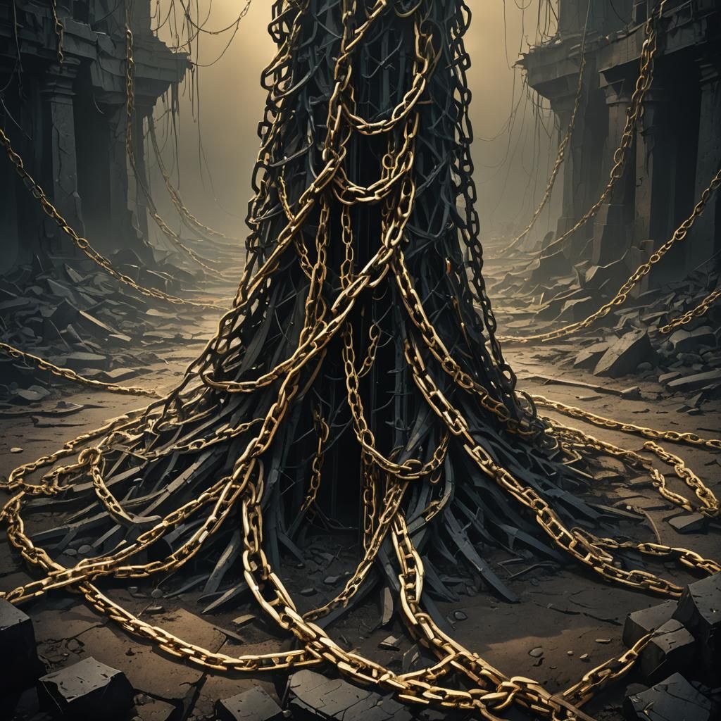 Towering Golden Chains Breaking in Dark Fantasy