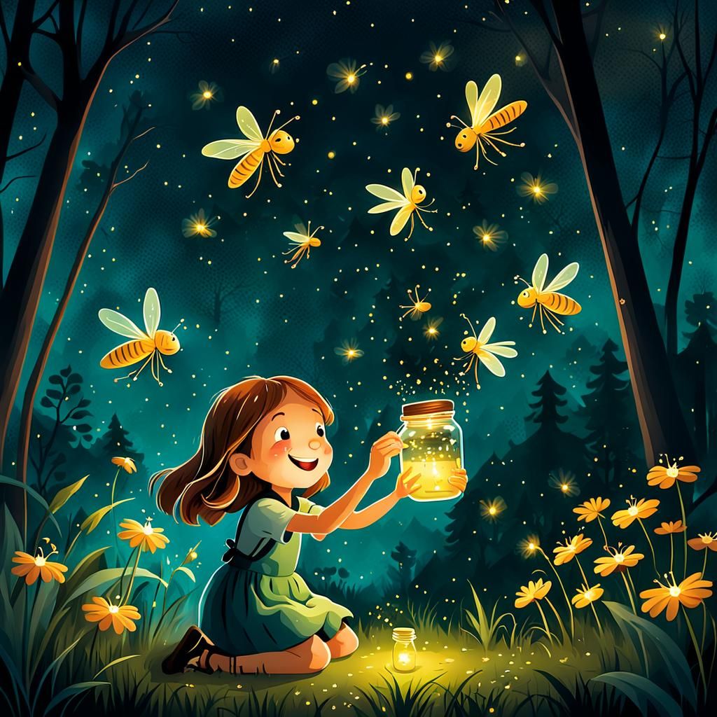 Happy Girl Capturing Fireflies Illustration