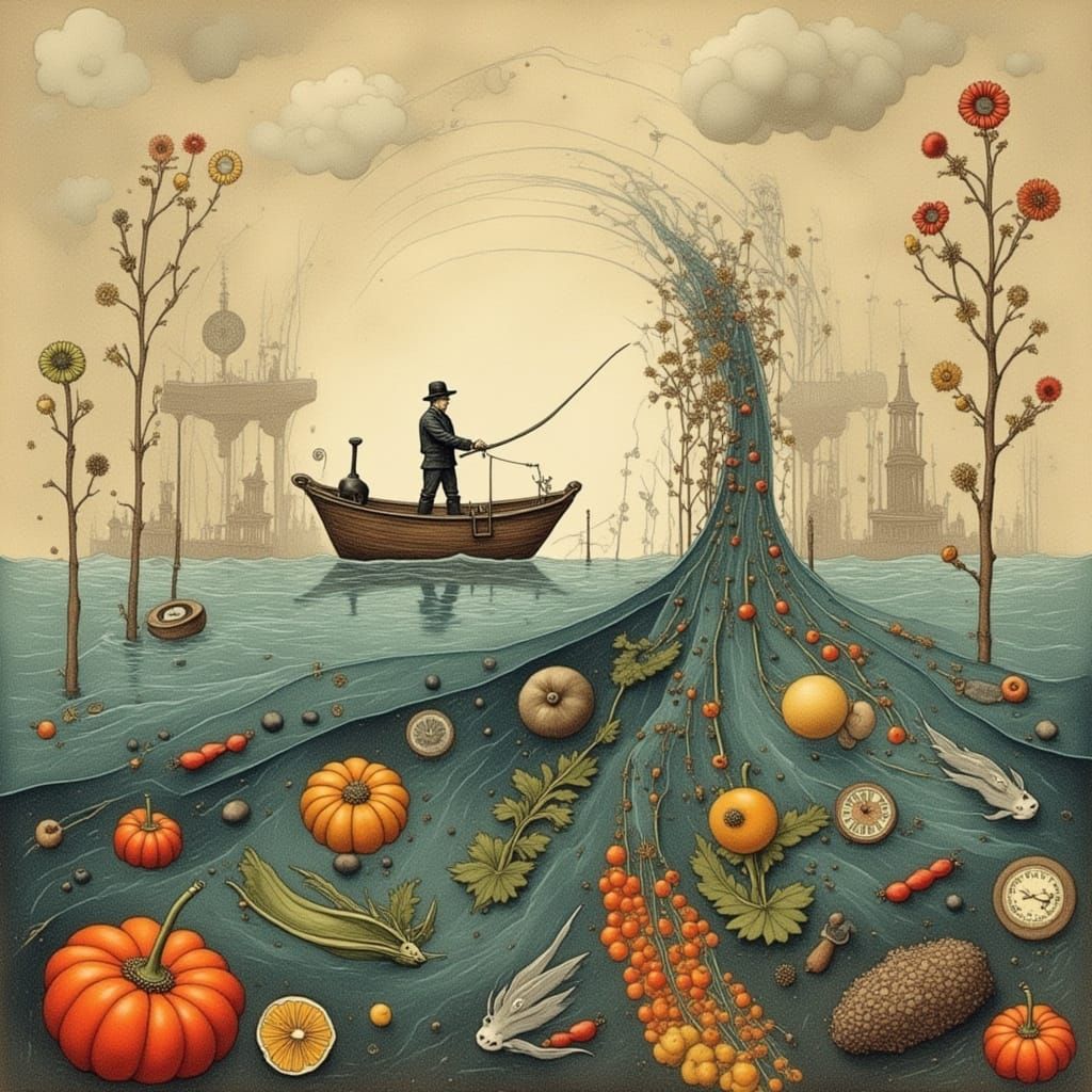 Surreal Fisherman in Abstract Food Sea Collage