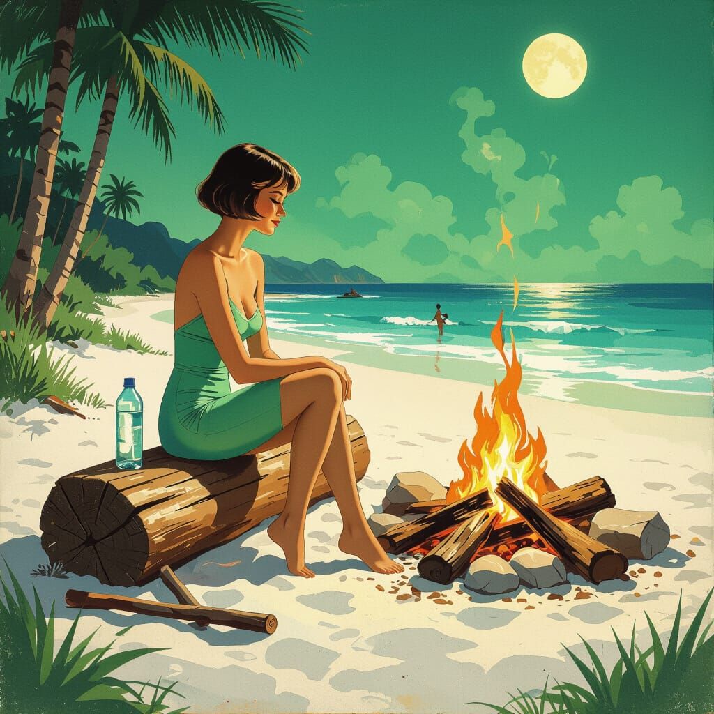 Beach Campfire: Gouache and Watercolor Style