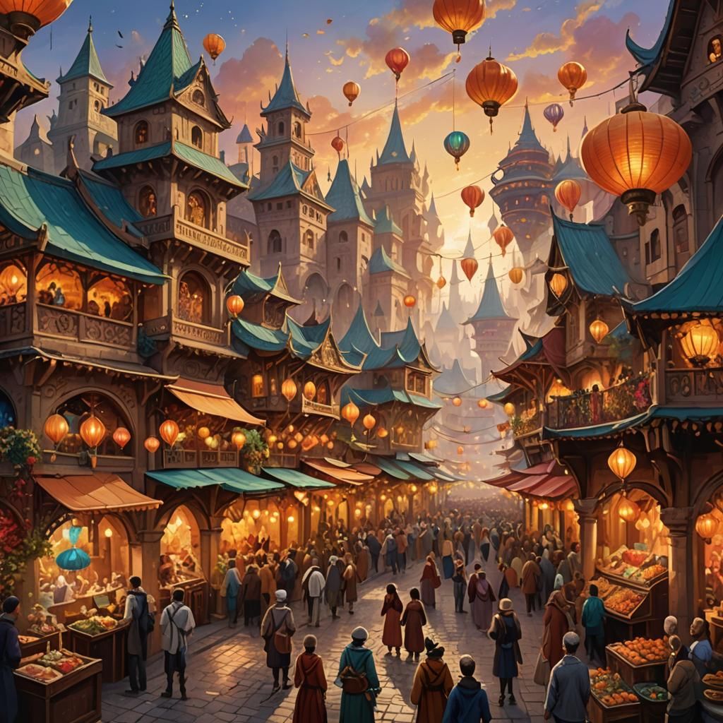 Fantastical City Celebration in Vibrant Oil Painting Style