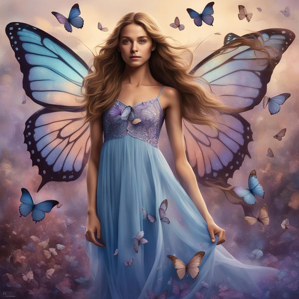 Woman in Flowing Butterfly Dress, Digital Art