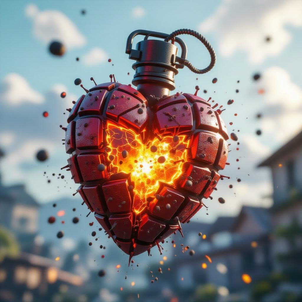 Exploding Heart Grenade in Detailed Digital Painting