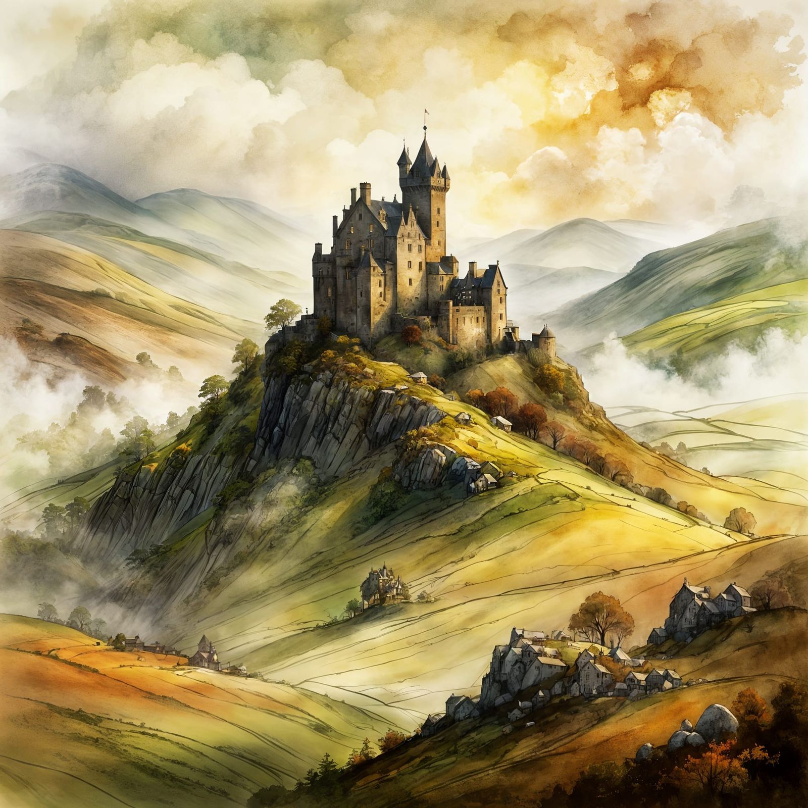Scottish Highlands Castle in Magical Rackham-Kinkade Style