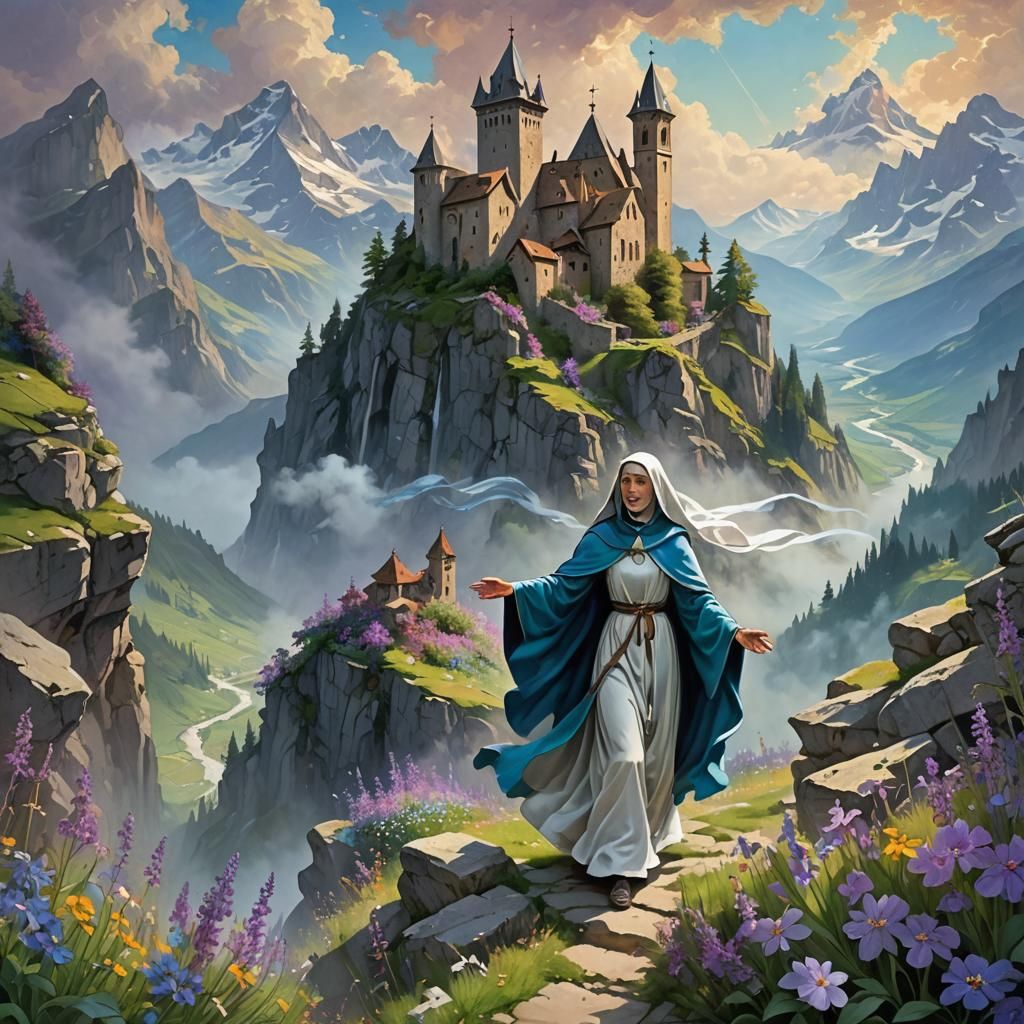 Ethereal Nun Ascends Swiss Alps in a Matte Painting
