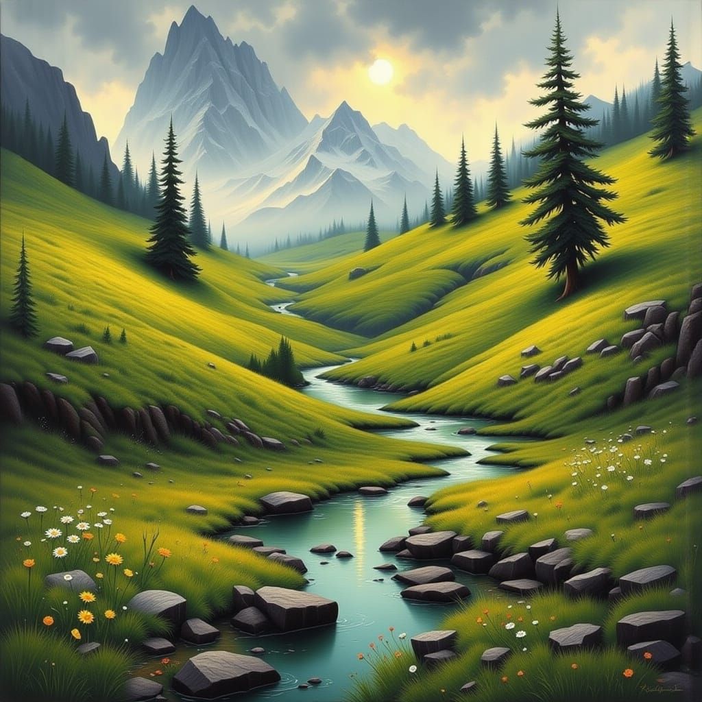 Scenic Mountain Landscape with Flowing Waterfalls