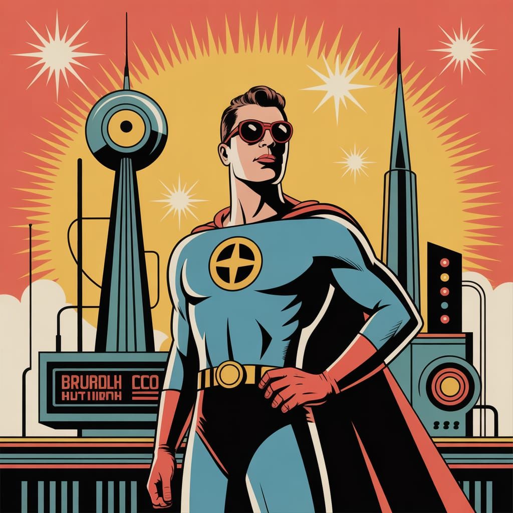 Atompunk Superhero in Art Deco Cityscape