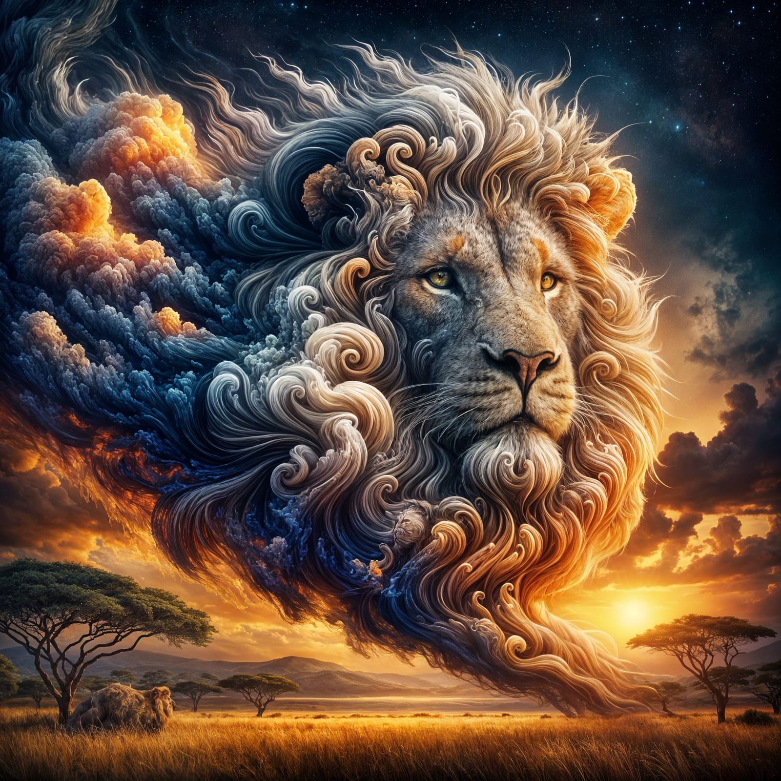 Lion Emerges From Smoke in Maximalist Serengeti Sunset