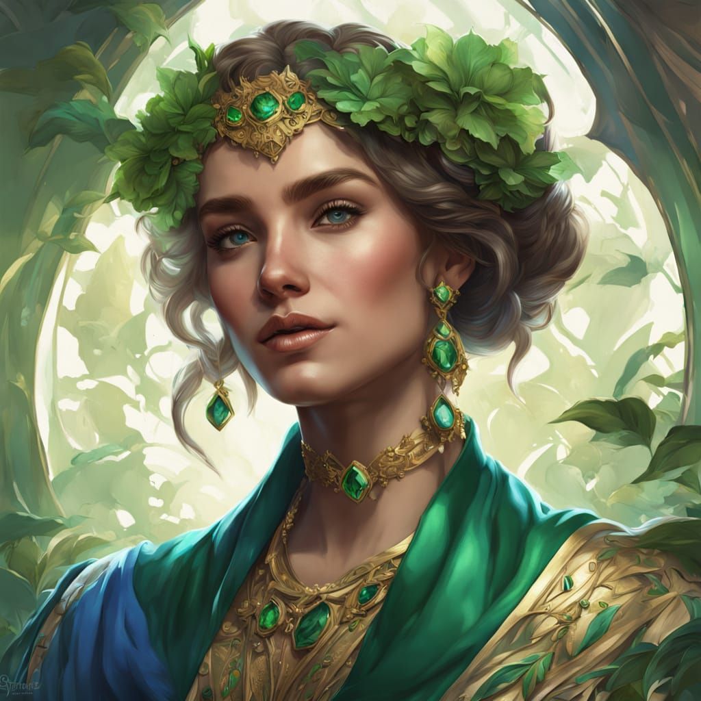 Ethereal Girl in Lush Greenery, in the Style of Alphonse Muc...