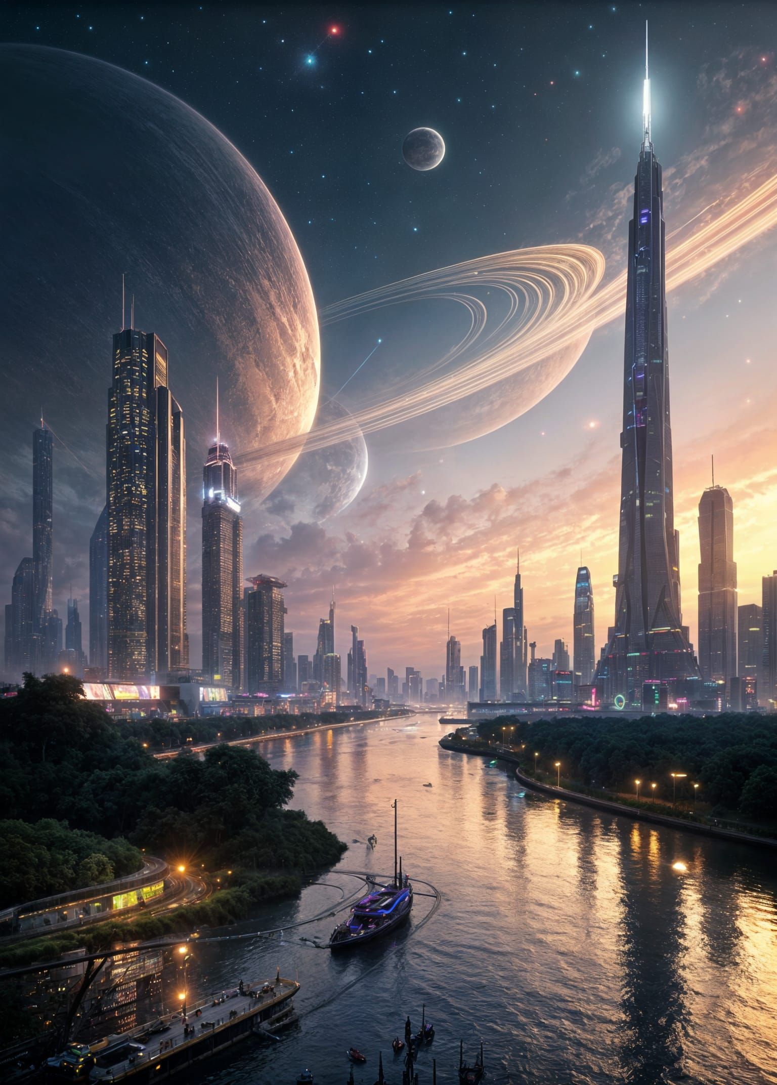 Futuristic Alien Megacity with Planetary Ring System
