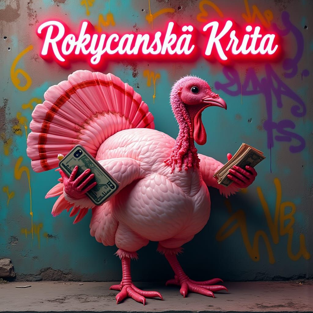 Humorous Pink Turkey with Phone and Cash
