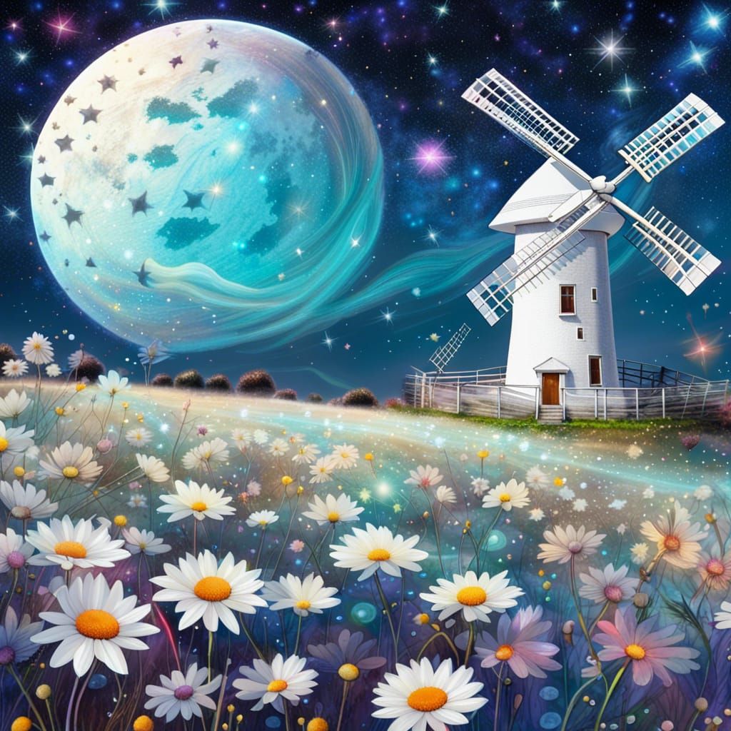 Cosmic Windmill in Wildflower Field Illustration