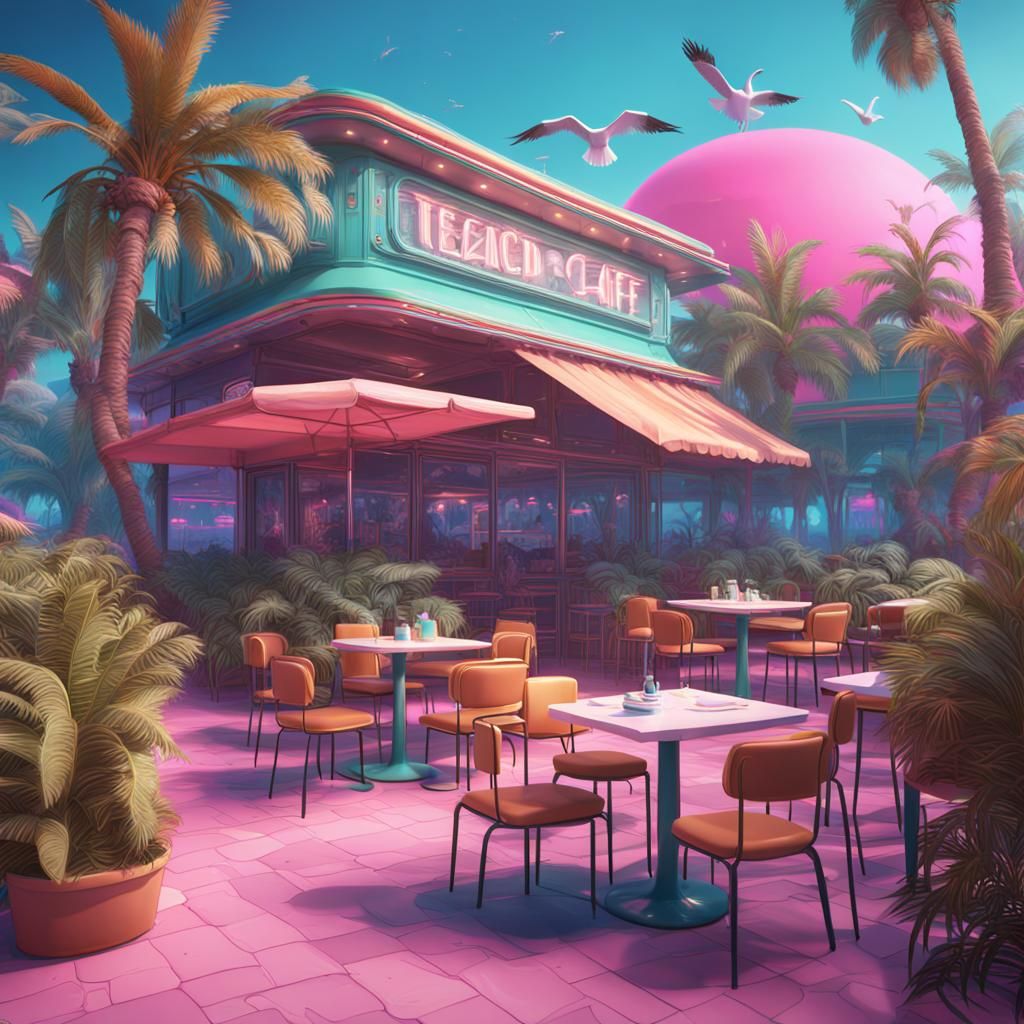 Vaporwave Beach Cafe with Palms and Seagulls