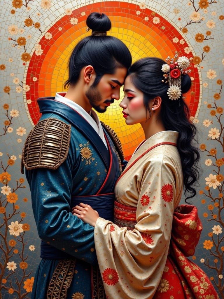 Mosaic Art: Samurai Warrior and Geisha Couple
