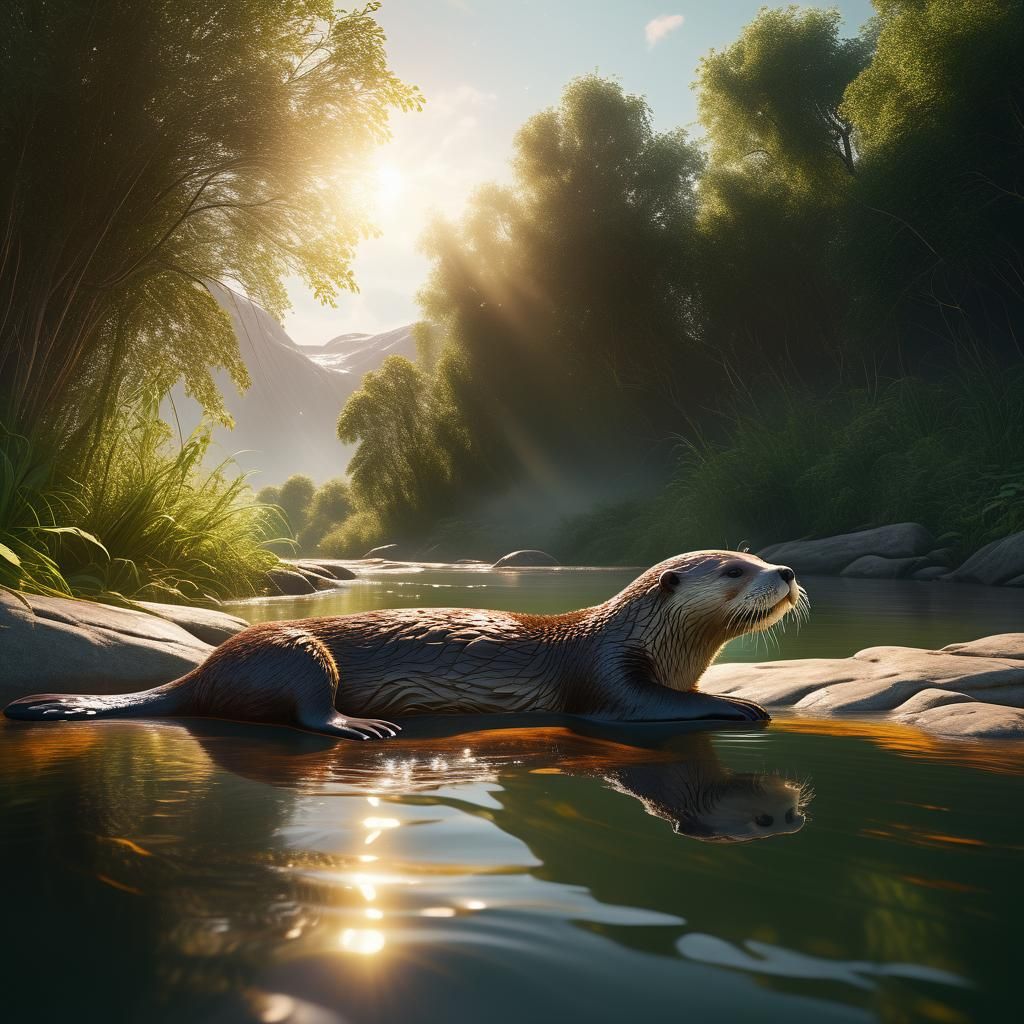 Otter's Serene River Nap: Cinematic Digital Painting