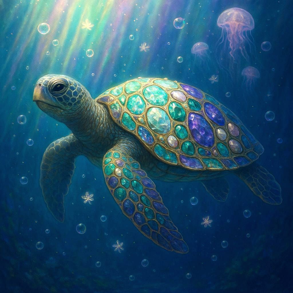 Jeweled Sea Turtle Floating in Bioluminescent Ocean