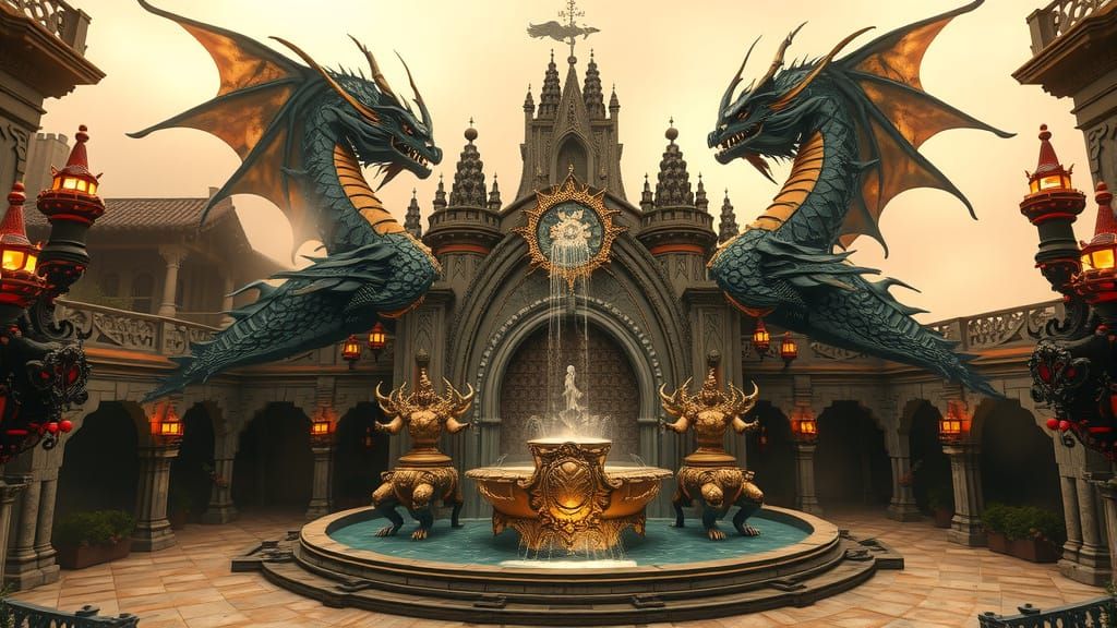 Baroque Dragon Fountains with Medieval-Futuristic Elements