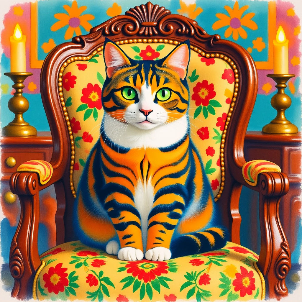 Regal Calico Tabby Cat on Ornate Chair