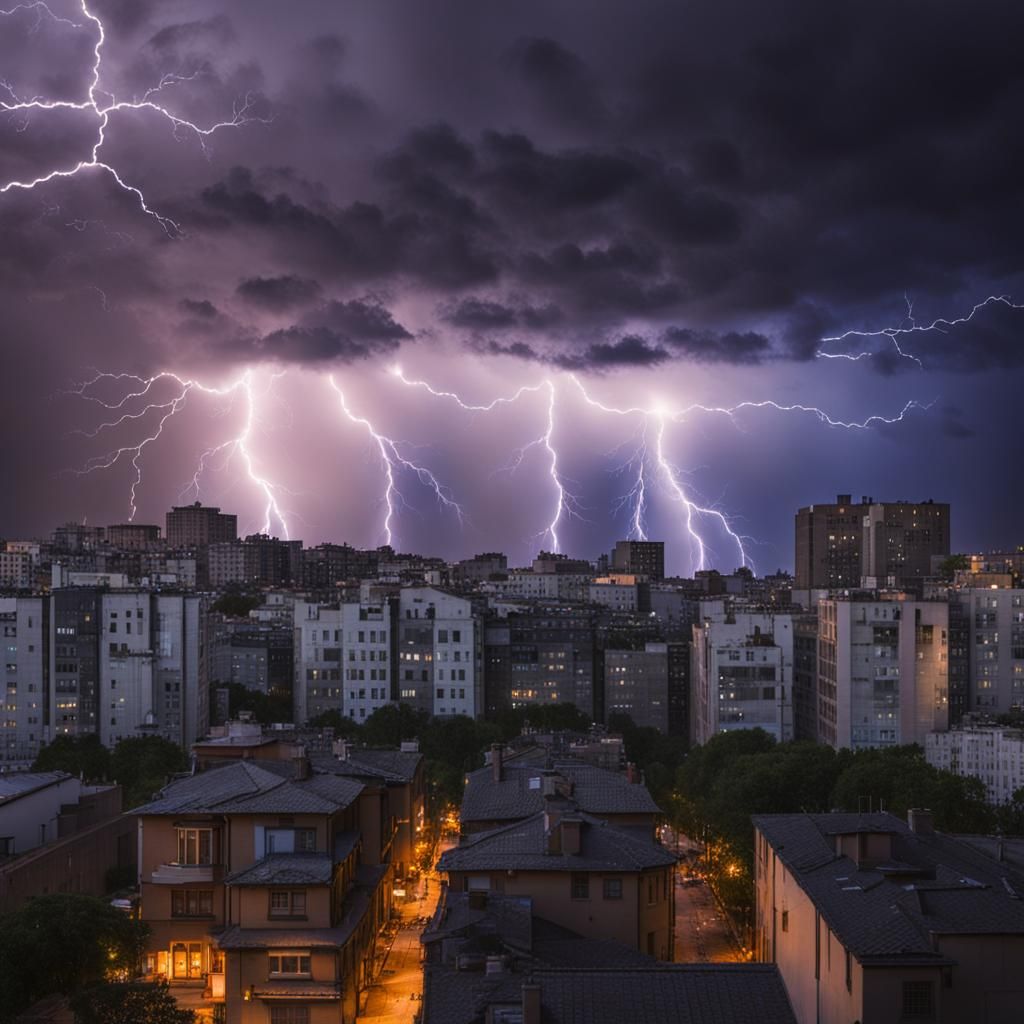 Dramatic Lightning Storm Over Modern Cityscape