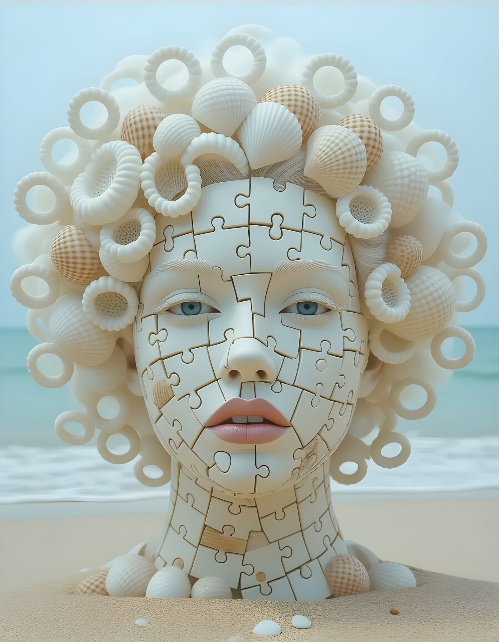 Albino Woman Puzzle Face of Shells on Beach