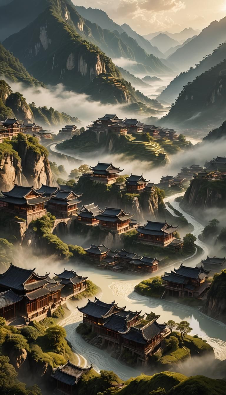 Serene Chinese Valley with Rice Terraces