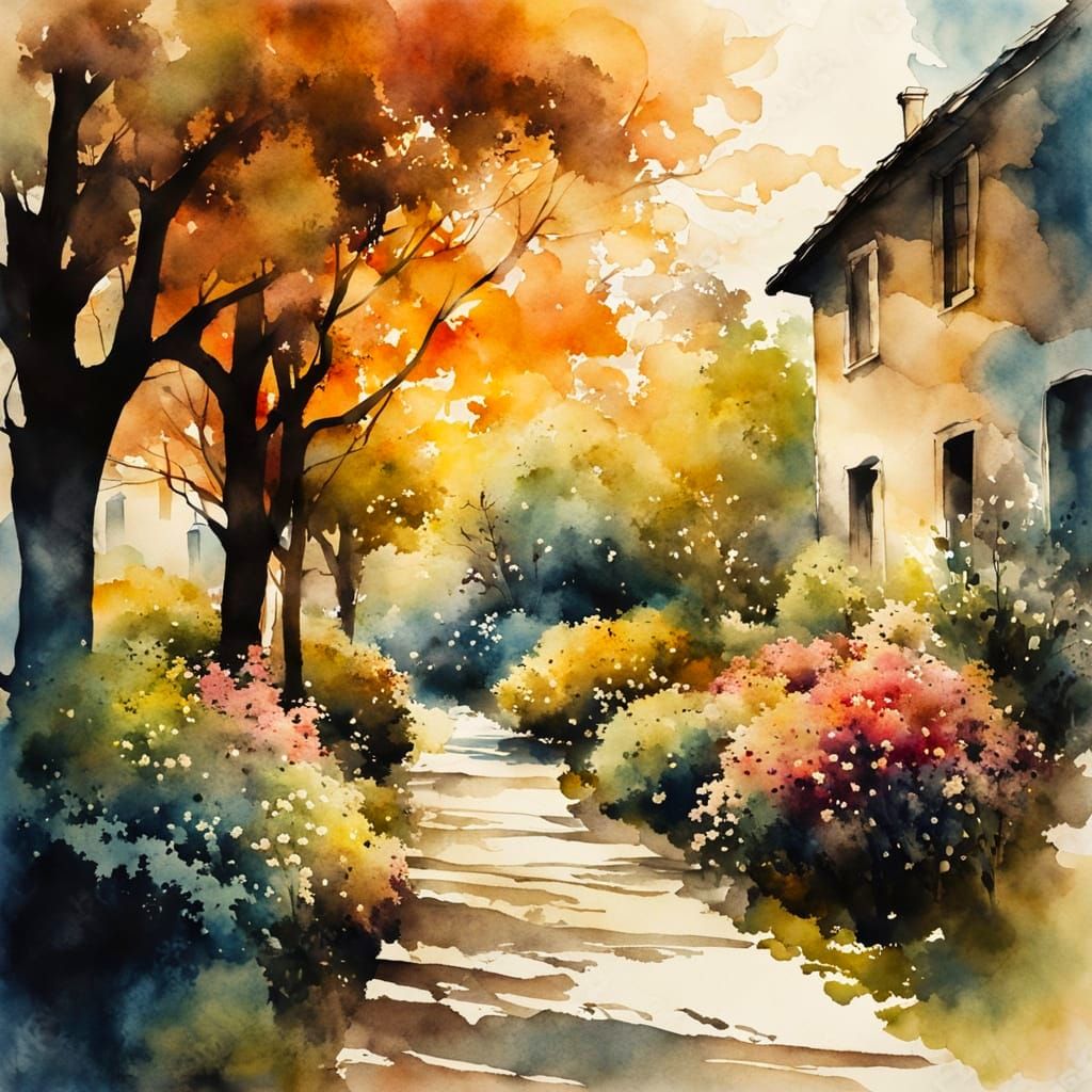 Ethereal European Garden Scene in Ink Painting Style