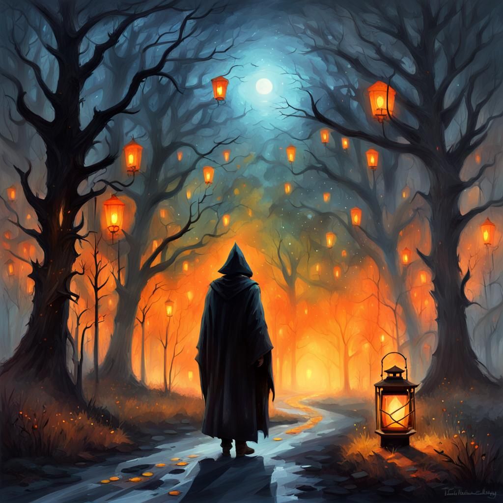 Cloaked Figure at Crossroads in Dark Fantasy Oil Painting