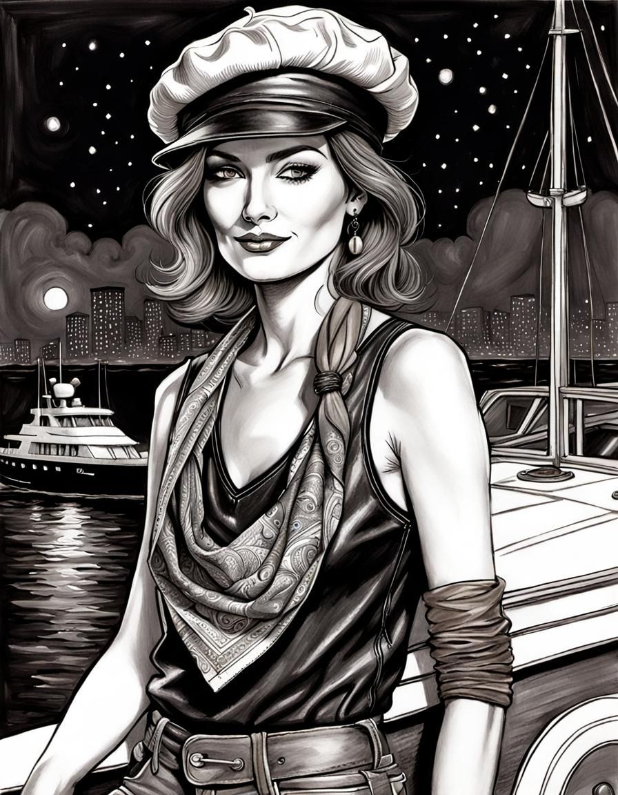 Elegant Woman on Yacht at Night in Charcoal Style