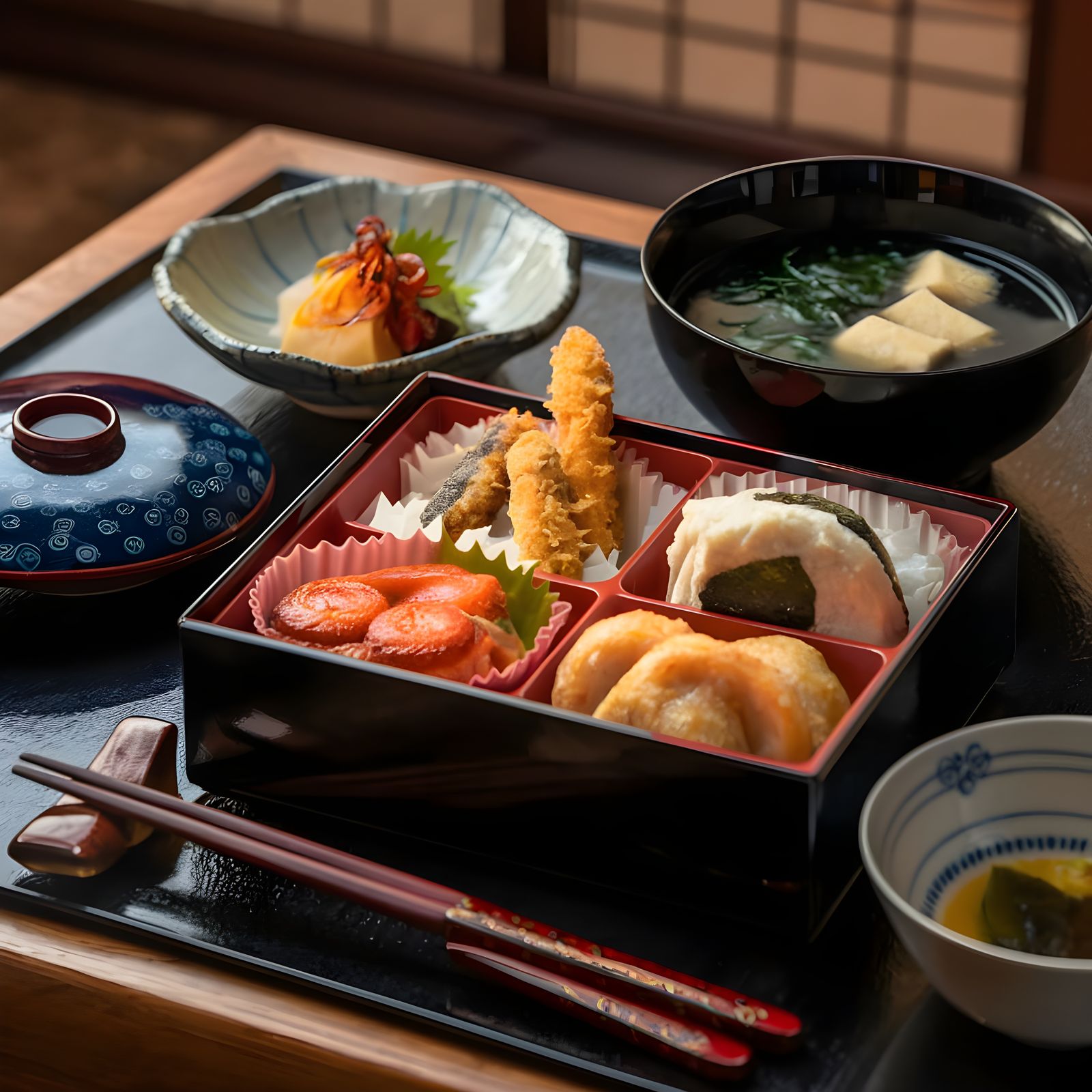 Traditional Japanese Meal with Bento Box and Miso Soup