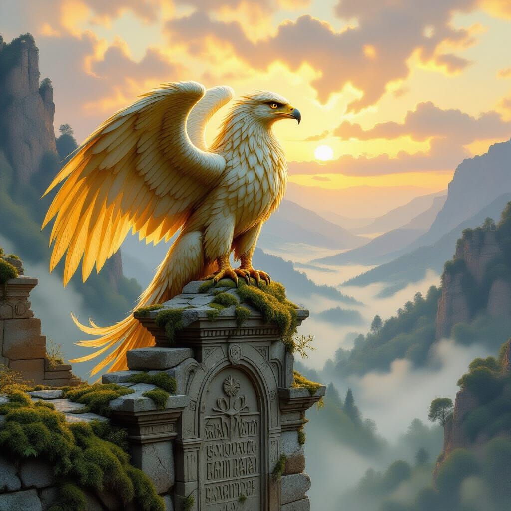 Majestic Griffin on Ruin Overlooking Misty Valley
