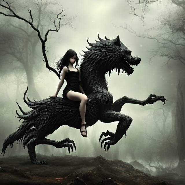 Girl toddler riding giant wolf