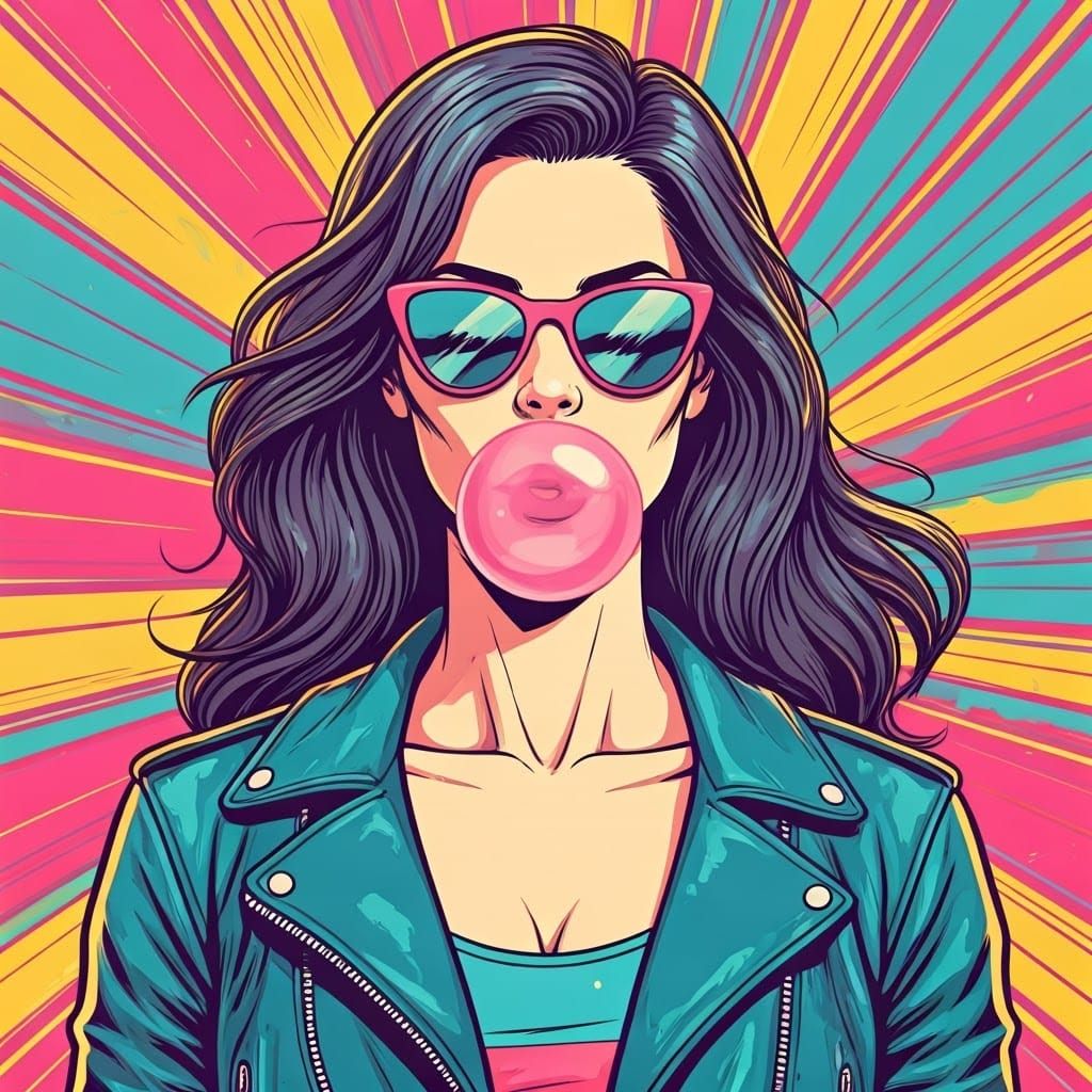 Bold, Retro Woman Blows Oversized Bubblegum Bubble in Vibran...