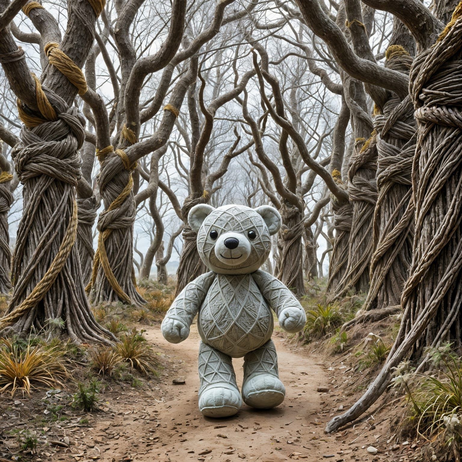 Yarn Teddy Bear in Macrame Forest, Miyazaki Style